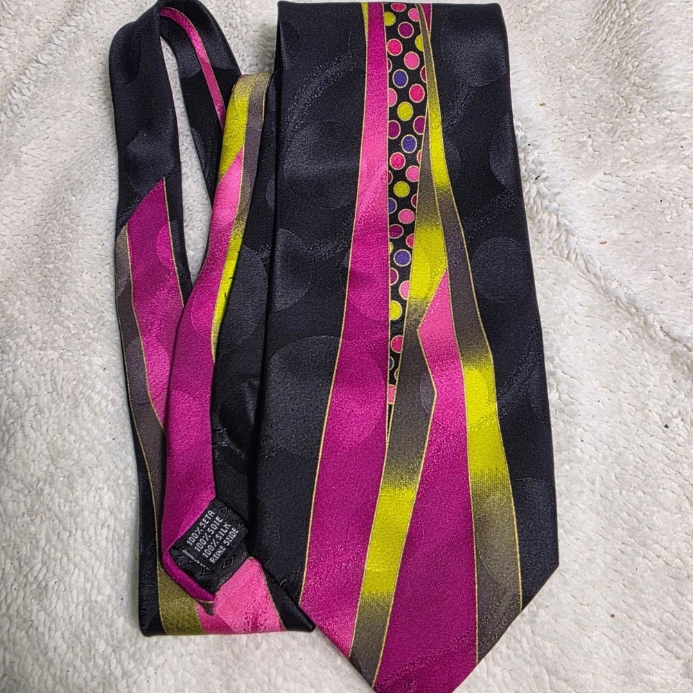 Bachrach Silk Necktie Tie Black Hot Pink Yellow Geometric Polka Dot